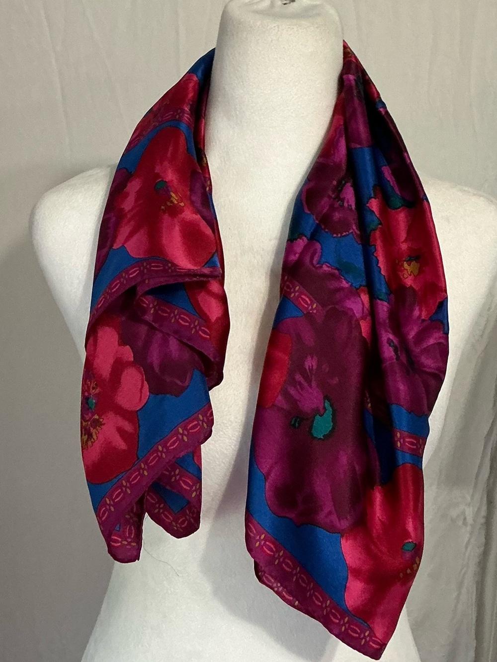 Vibrant Floral Silk Scarf in Magenta and Blue